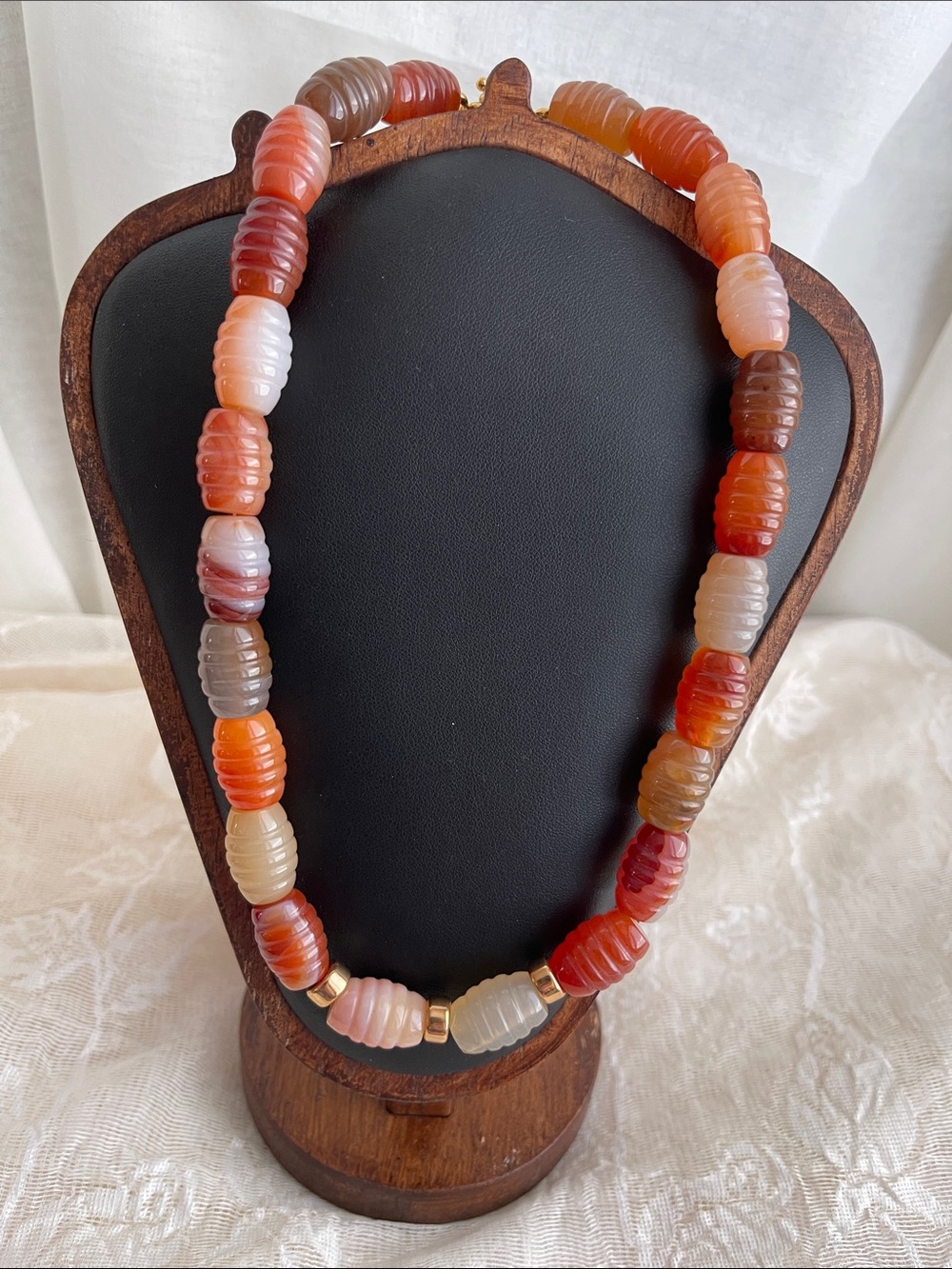 Carved Agate Bead Necklace in Warm Multi-Orange Tones